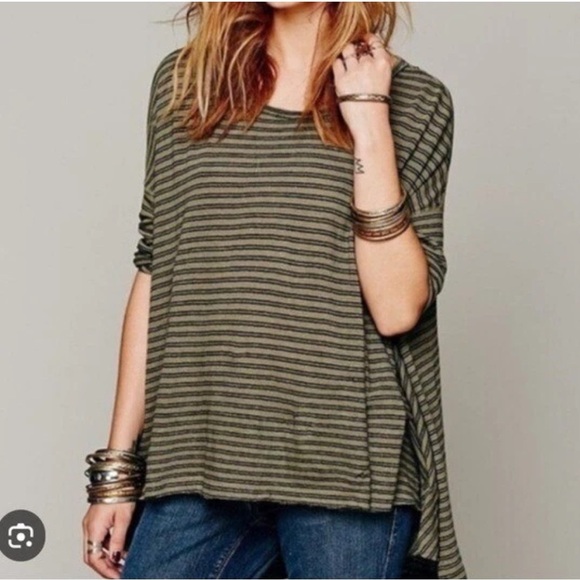 We The Free Navy & Brown Linen Cotton Blend Striped Tunic Sz XS/Small Oversized - Picture 9 of 9